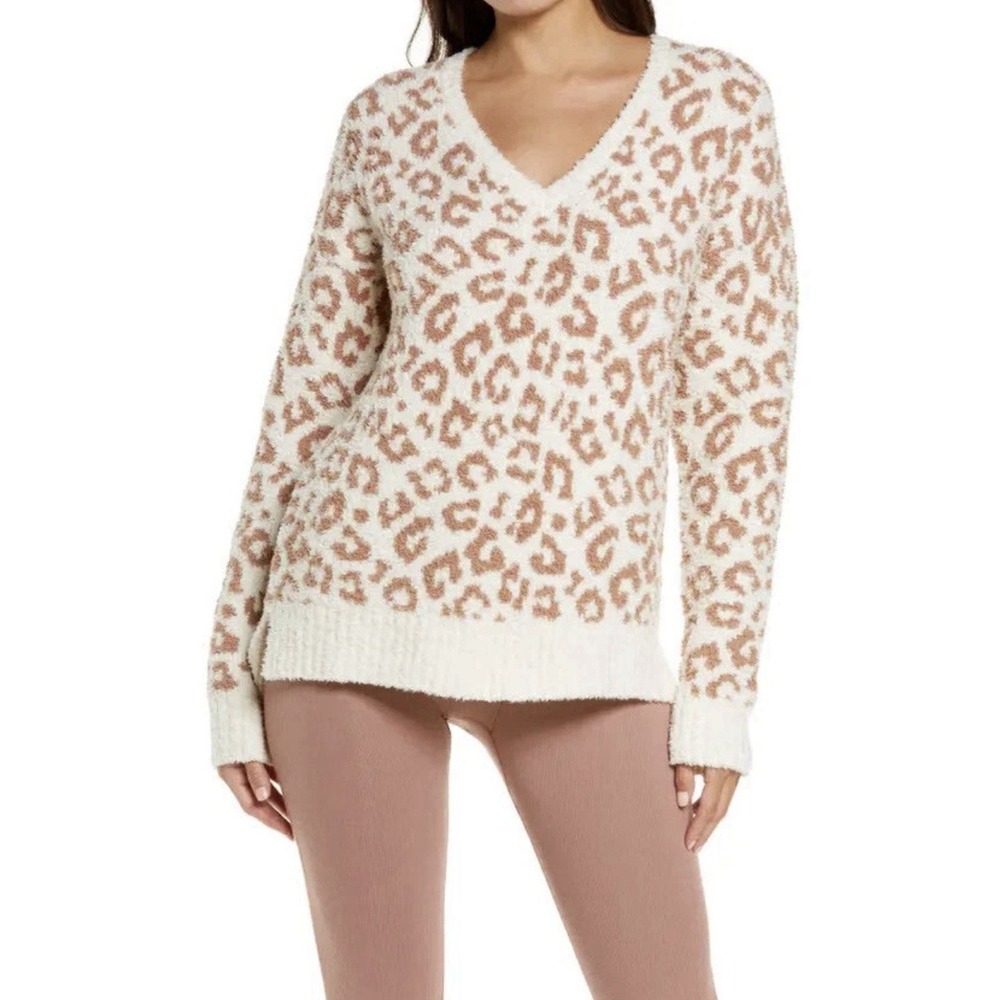 UGG Cecilia Natural Leopard Blush Animal Print Ivory V-Neck Plush Soft Sweater S - Picture 2 of 8